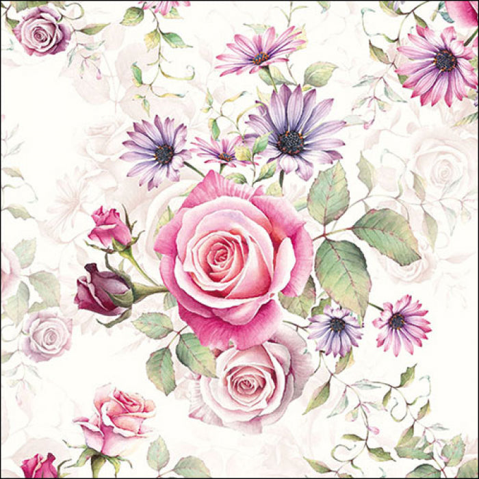 Pink  and white rose blossoms with purple flowers on white Decoupage Napkins