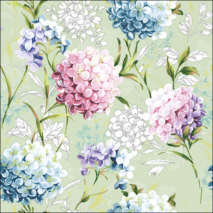 pink purple and blue horana blossoms on green background Decoupage Napkins