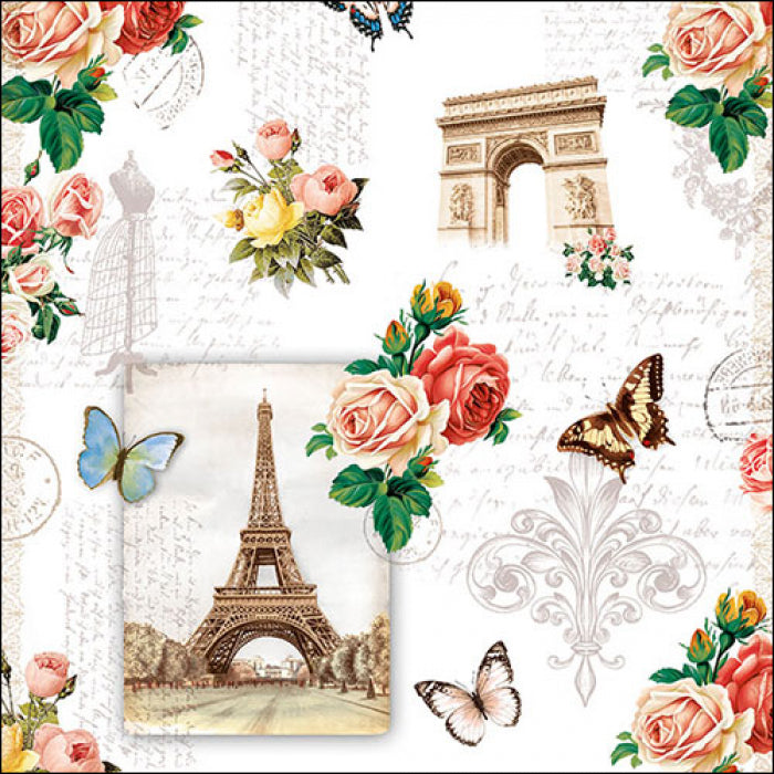 images of eiffel tower and arch de triumph with red and pink rose blossoms on whtie Decoupage Napkins