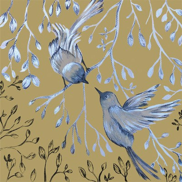 to blue and back bird on branches on gold background Decoupage Napkins