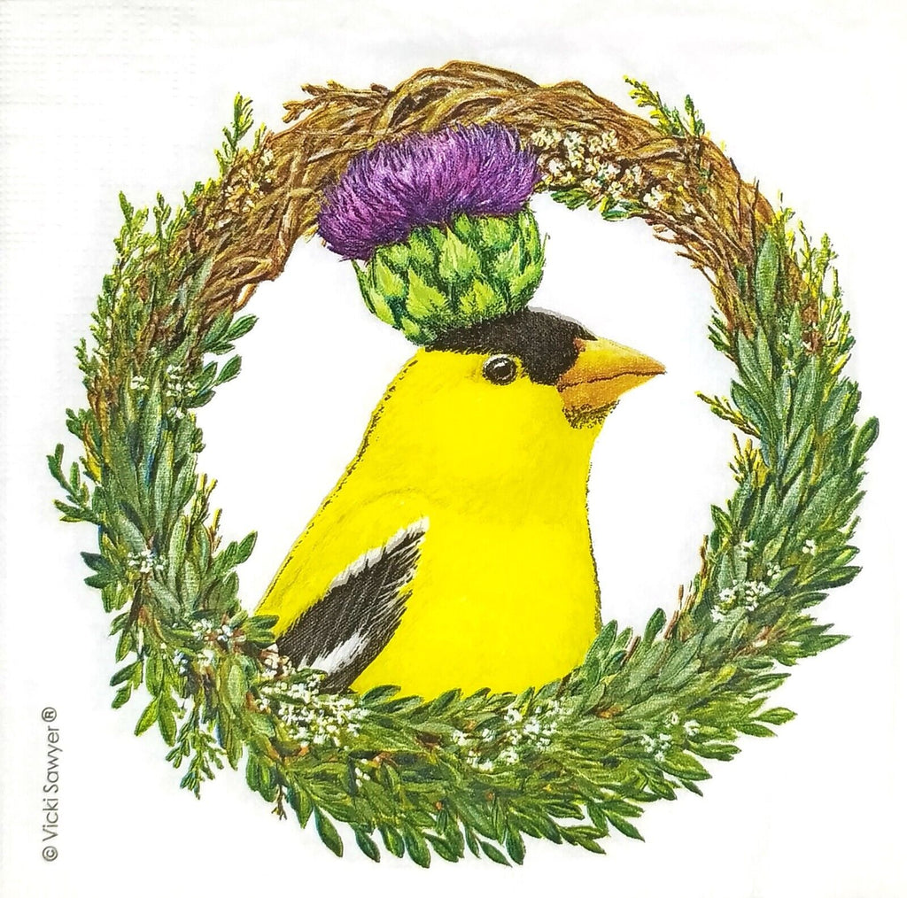 a yellow bird in a green and brown wreath with an artichoke blossom hat Decoupage Napkins