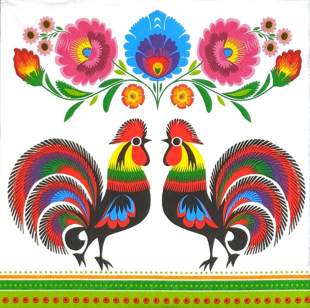 2 mexican style colorful roosters with blue and pink blossoms Decoupage Napkins