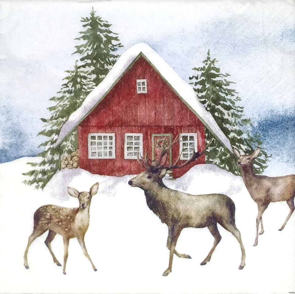 red house in the snow with deer in the yard Decoupage Napkins