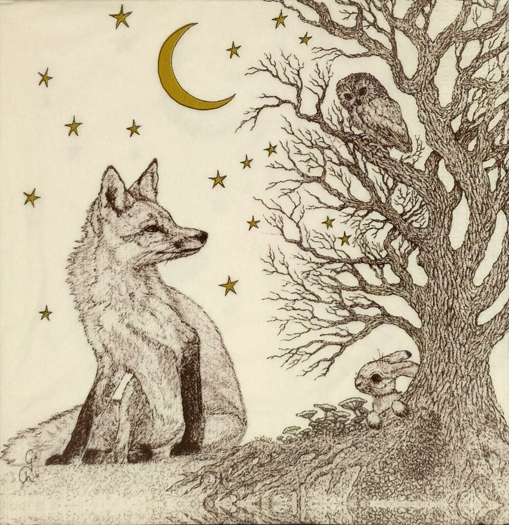 gray fox under the moon and stars with sketched owl Decoupage Napkins
