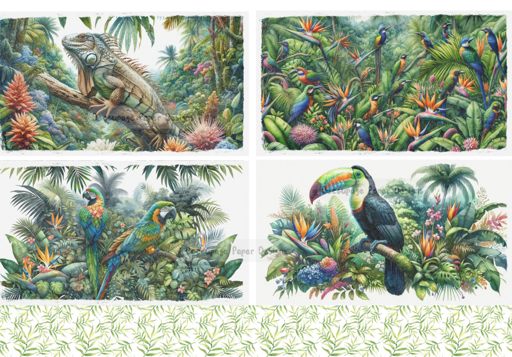 four scenes of color tropical birds and iguana in the jungle decoupage paper by Decoupage Paper Designs