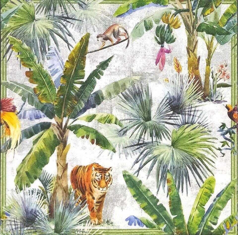 orange tiger with black stripes walking through the jungle with brown monkey in the trees Decoupage Napkins