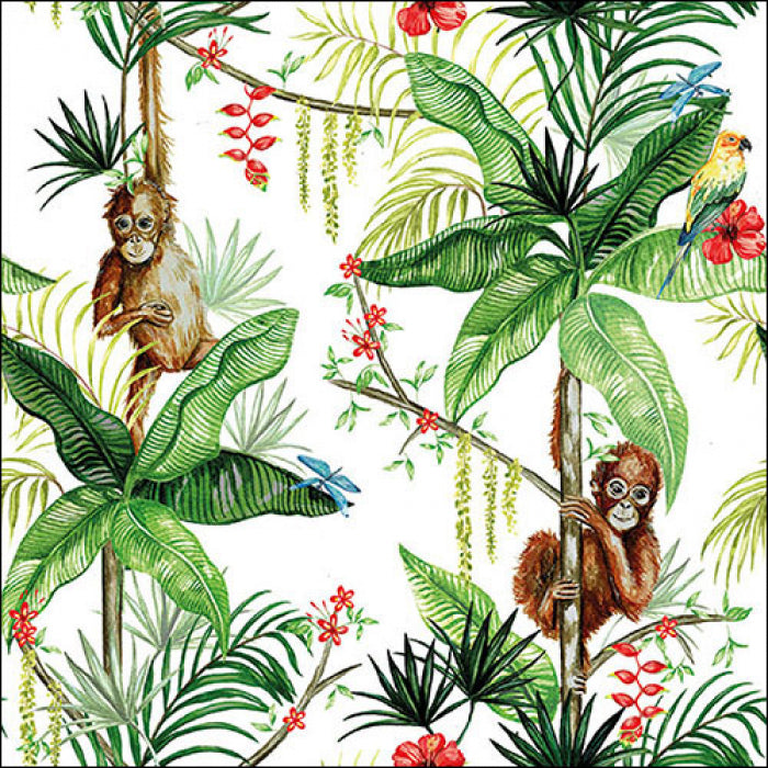 Brown orangutan hanging in the trees with yellow bird and red flowers Decoupage Napkins