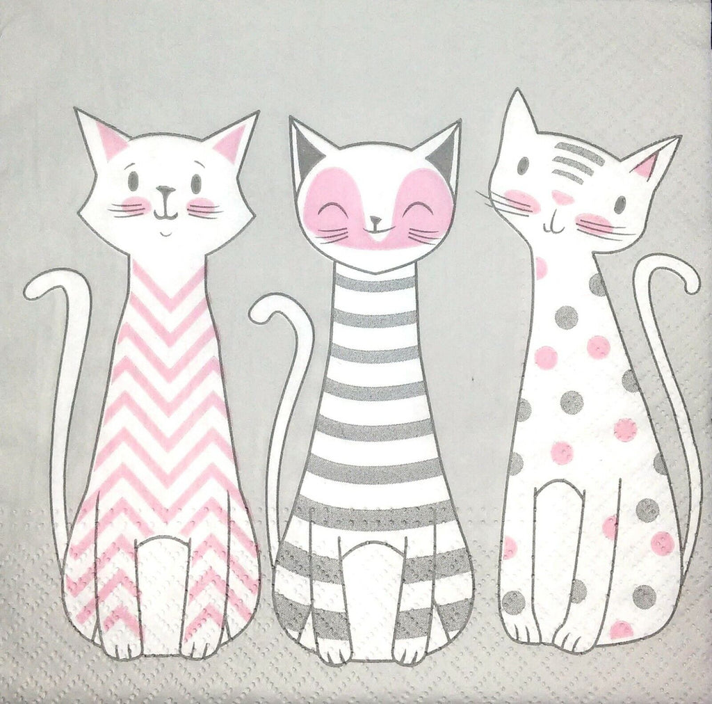 3 cartoon cats in gray and pink smiling Decoupage Napkins