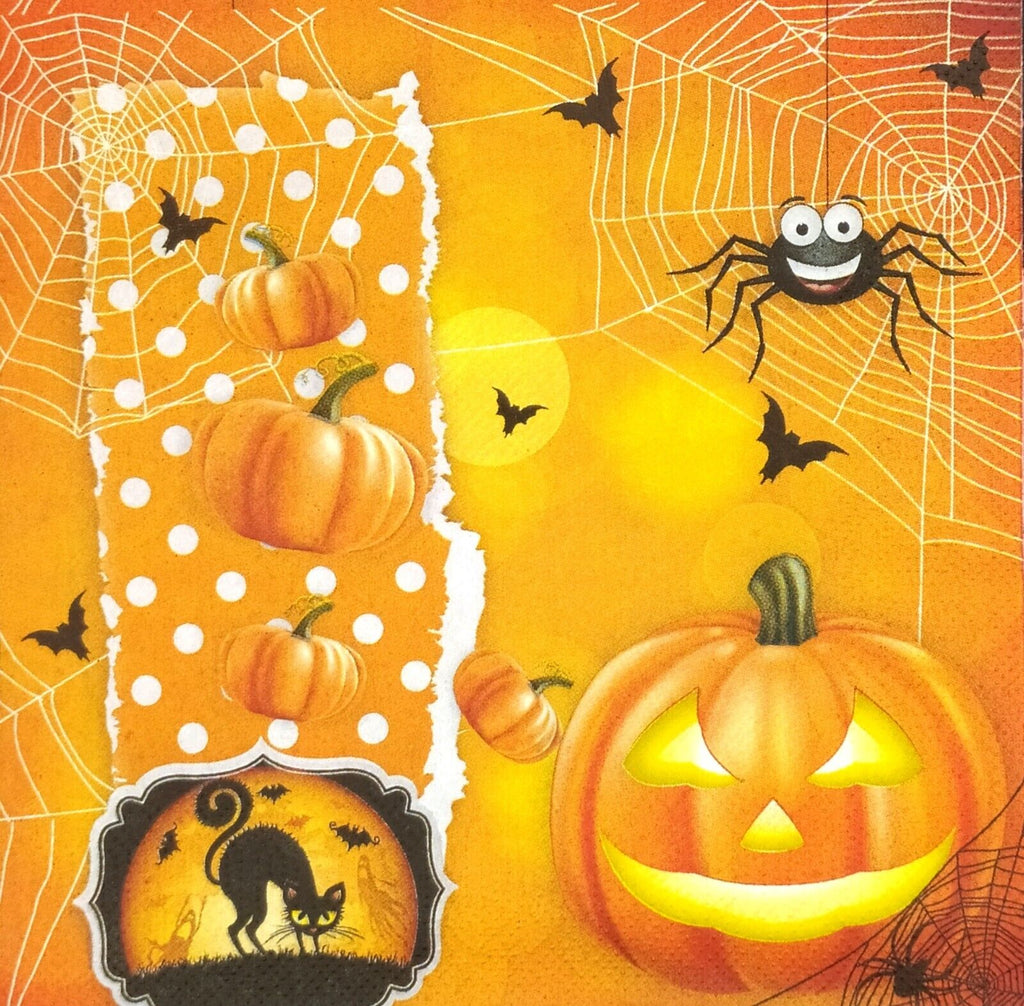 orange halloween scene with black spiders black cat  and orange jack-o-lantern Decoupage Napkins