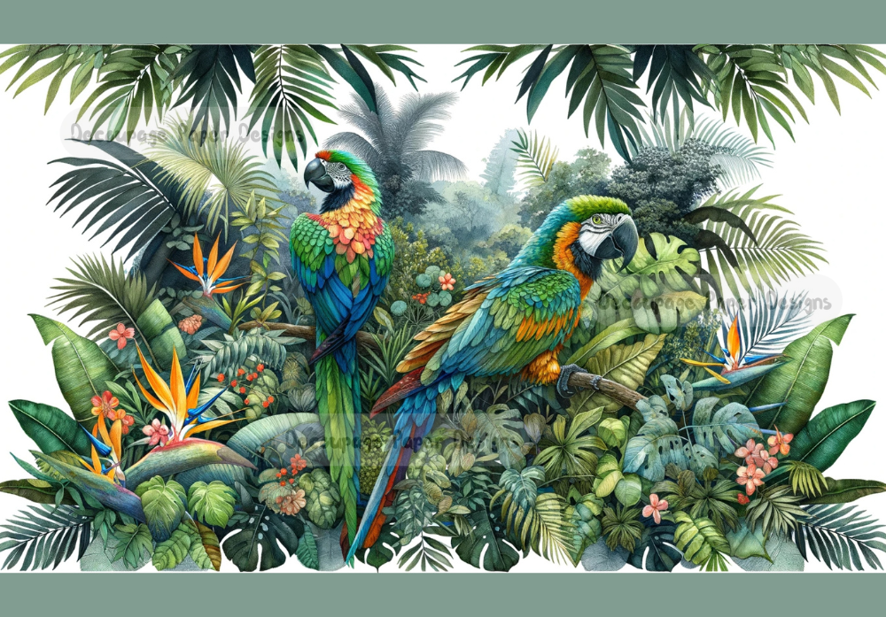 colorful green tropical parrots in a tree in the jungle decoupage paper by Decoupage Paper Designs