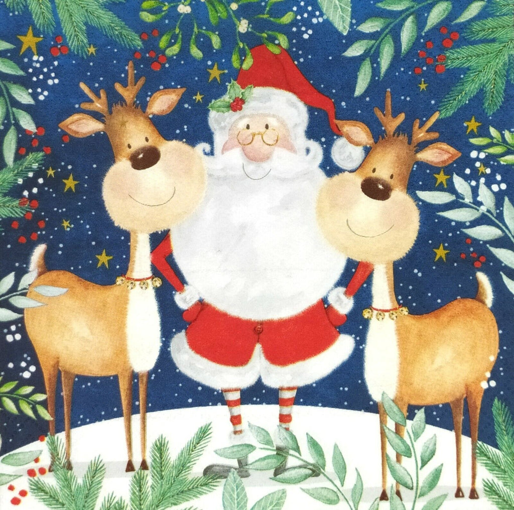 santa in red shorts with 2 brown reindeer at night in the snow  Decoupage Napkins