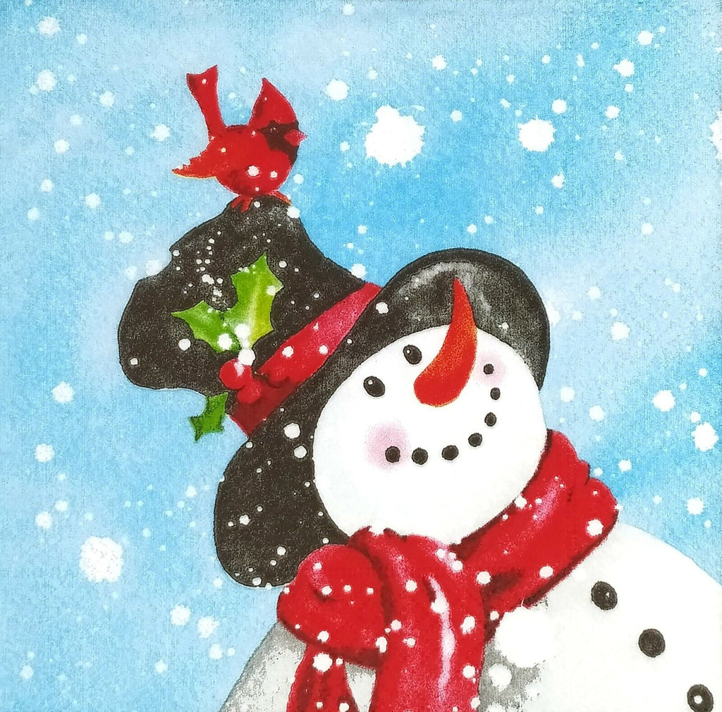 happy snowman with black tophat and red scarf with a red cardinal on his hat  Decoupage Napkins