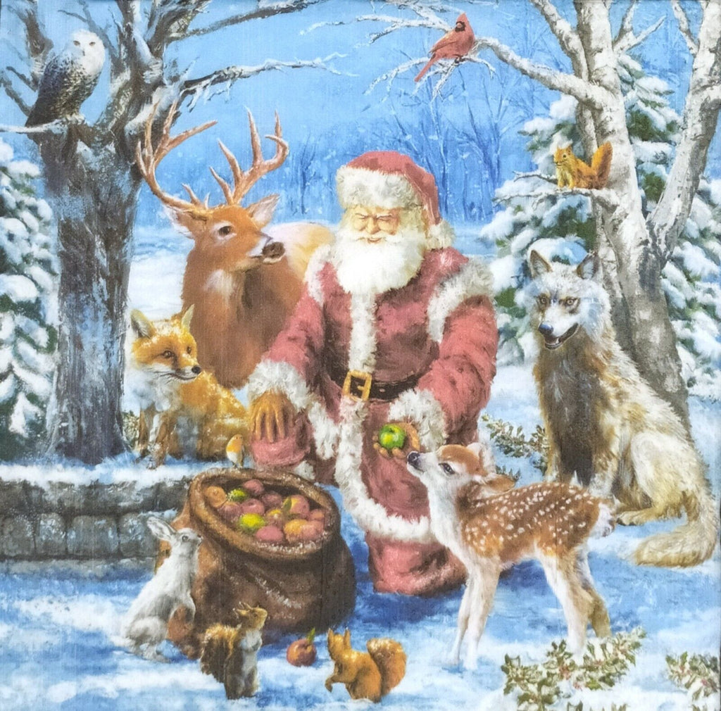 santa in red coat with reindeer, red fox, deer, squirrel and red cardinal giving them apples out of a red bag  Decoupage Napkins
