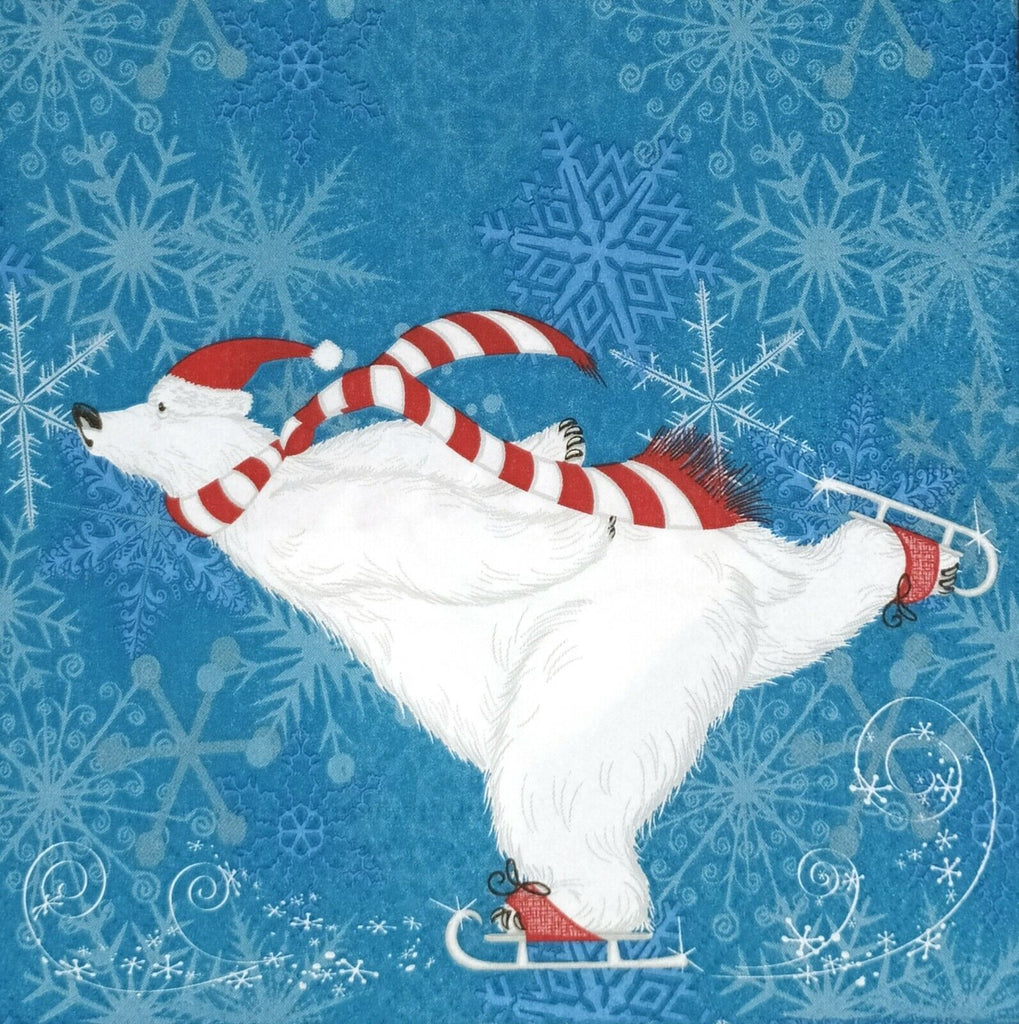 white polar bear ice skating with red santa hat and red and white scarf on blue  Decoupage Napkins