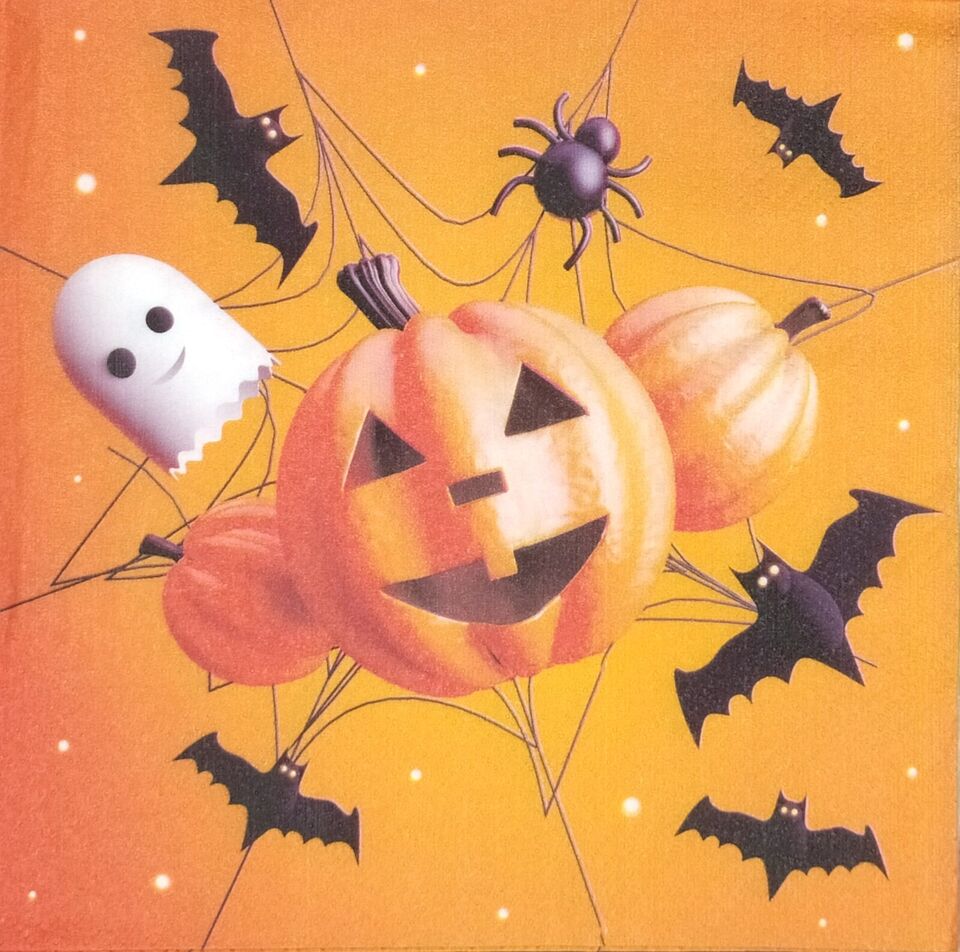 silly Jack-o-lanter, friendly ghosts, black bats and spiders on orange  Decoupage Napkins