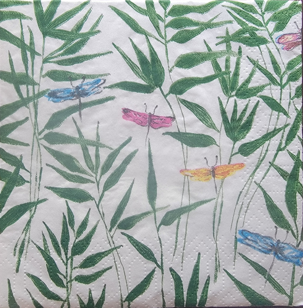 blue, pink, orange and purple dragonflies with green leaves  Decoupage Napkins
