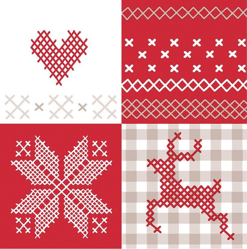 winter patches of red and white with checkered, heart, deer and snowflake and snow patterns  Decoupage Napkins