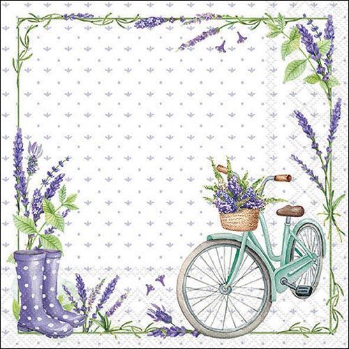a beach bike with a basket of lavender next to purple boots with white dots and a green trim of leaves and lavender blossoms  Decoupage Napkins