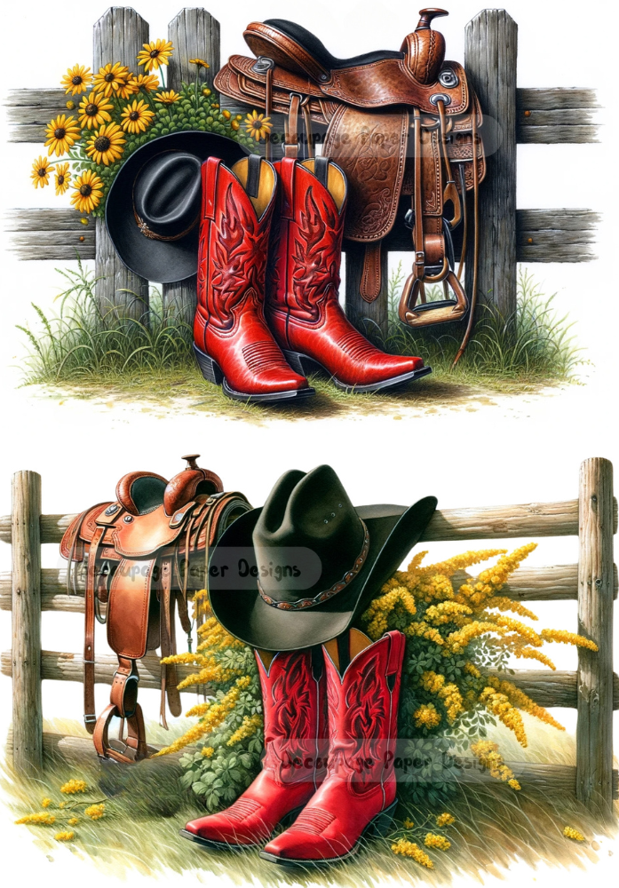 red cowboy boots by a wood fence with a saddle over it and yellow flowers decoupage paper by Decoupage Paper Designs