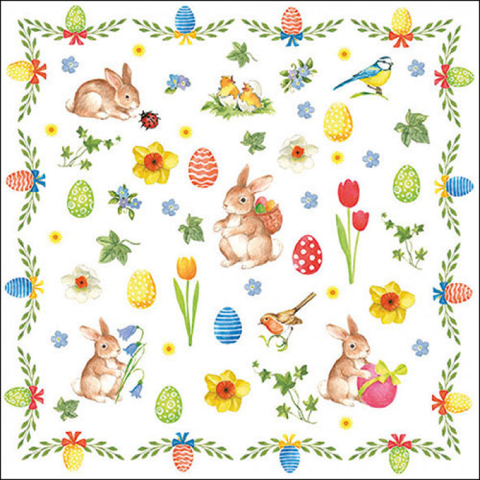 easter elements of brown bunnies yellow flowers, blue, yellow and green eggs  Decoupage Napkins