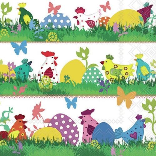 Three strips of colorful easter scenes with white , blue and green hens and esater eggs on green grass  Decoupage Napkins