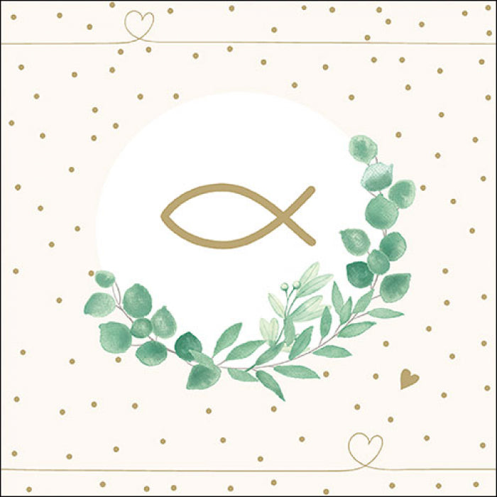 gold fish symbol with partial eucalyptus wreath on white with gold dots and gold hearts  Decoupage Napkins