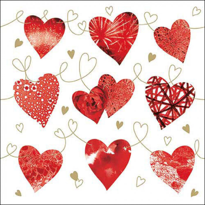 ten red hearts with gold string on white  Decoupage Napkins