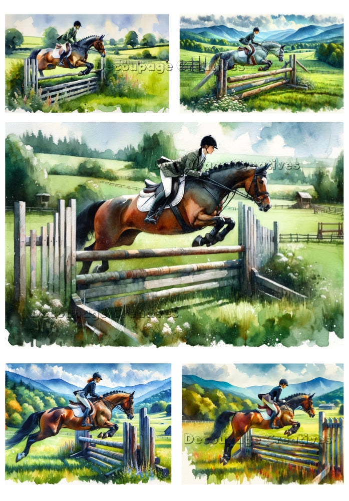 woman jumping a horse in the meadow decoupage paper by Decoupage Creatives