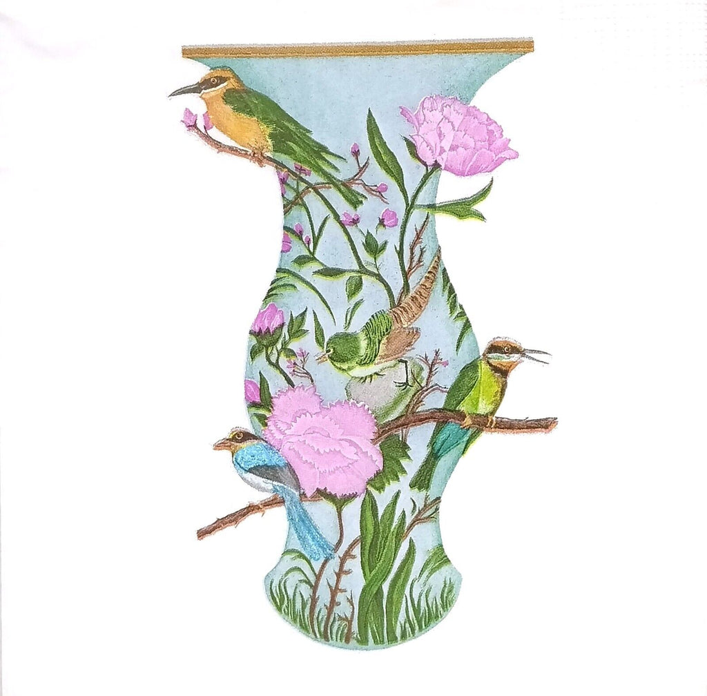 Blue vase with pink blossoms and yellow and green birds on branches with green leaves on white  Decoupage Napkins