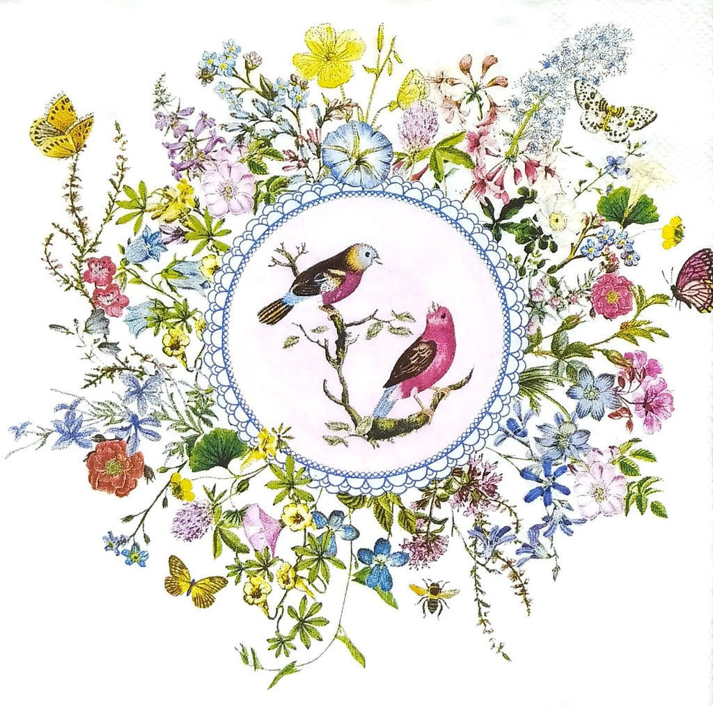 pink and yellow birds in a circle wreath surrounded by blossoms and butterfiles  Decoupage Napkins