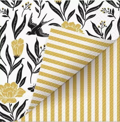 black and white napkin with gold blossom with gold and white striped backing  Decoupage Napkins