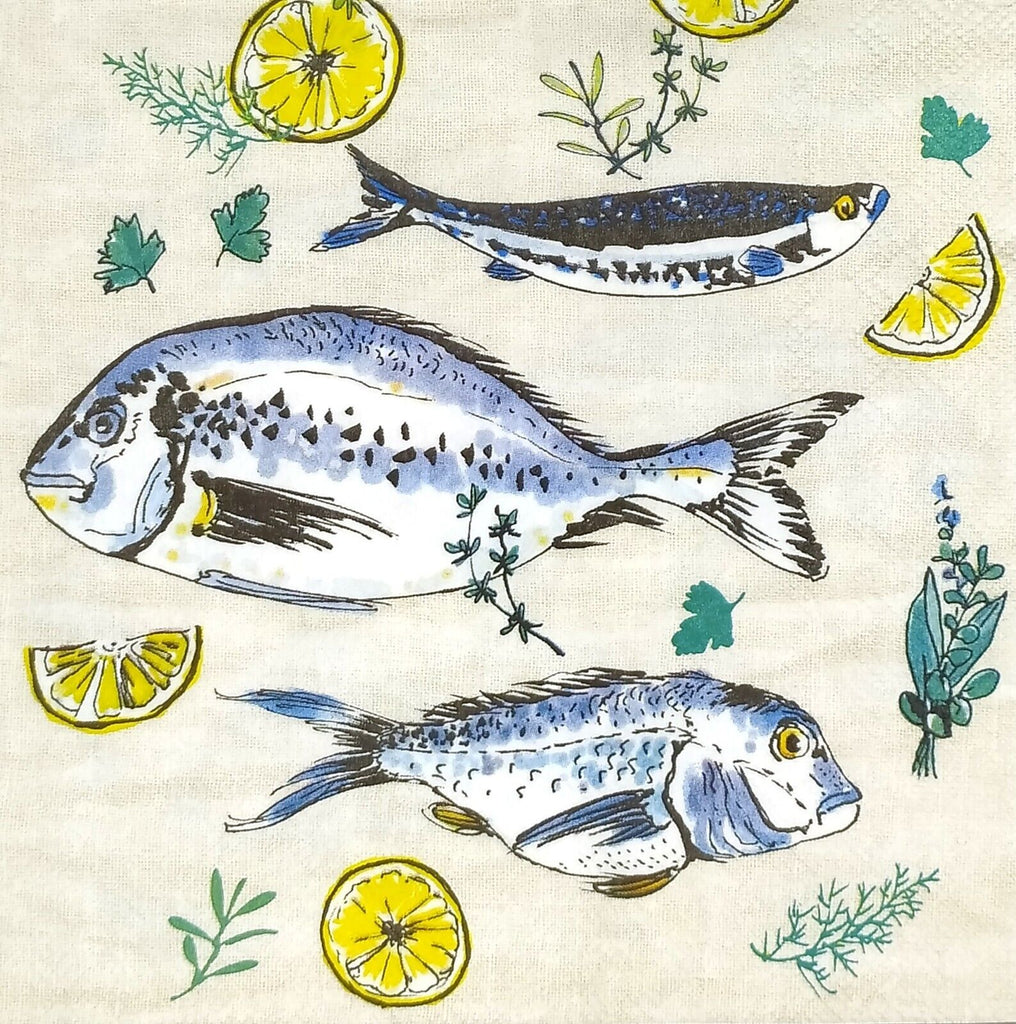 3 gray and blue fish with lemon slices and herbs on tan  Decoupage Napkins