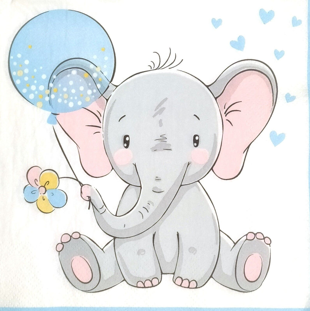 baby gray elephant holding a blue balloon and multicolored flower with blue hearts  Decoupage Napkins