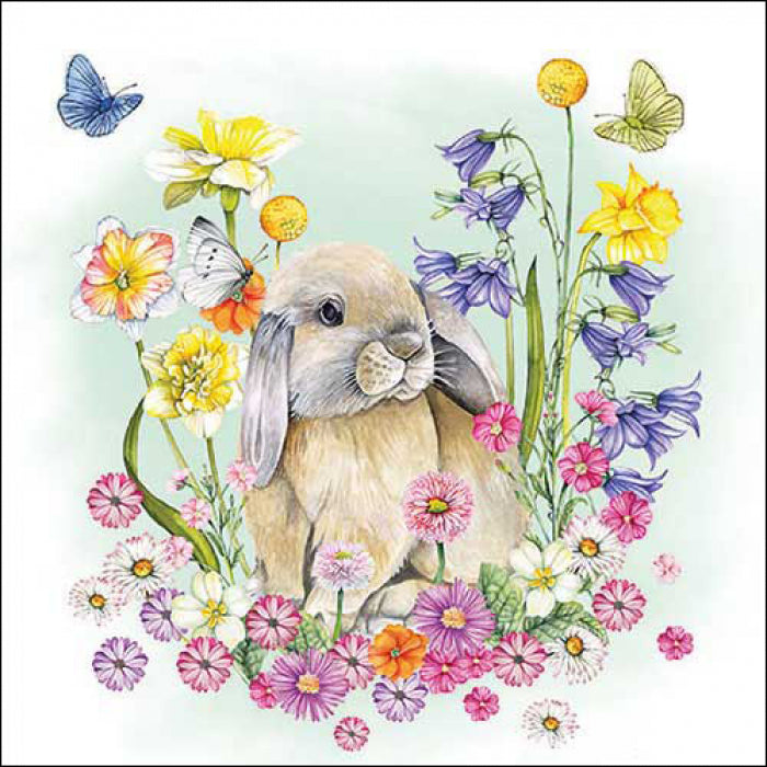 light tan bunny in flowers of purple yellow and purple with blue yellow and white butterflies  Decoupage Napkins