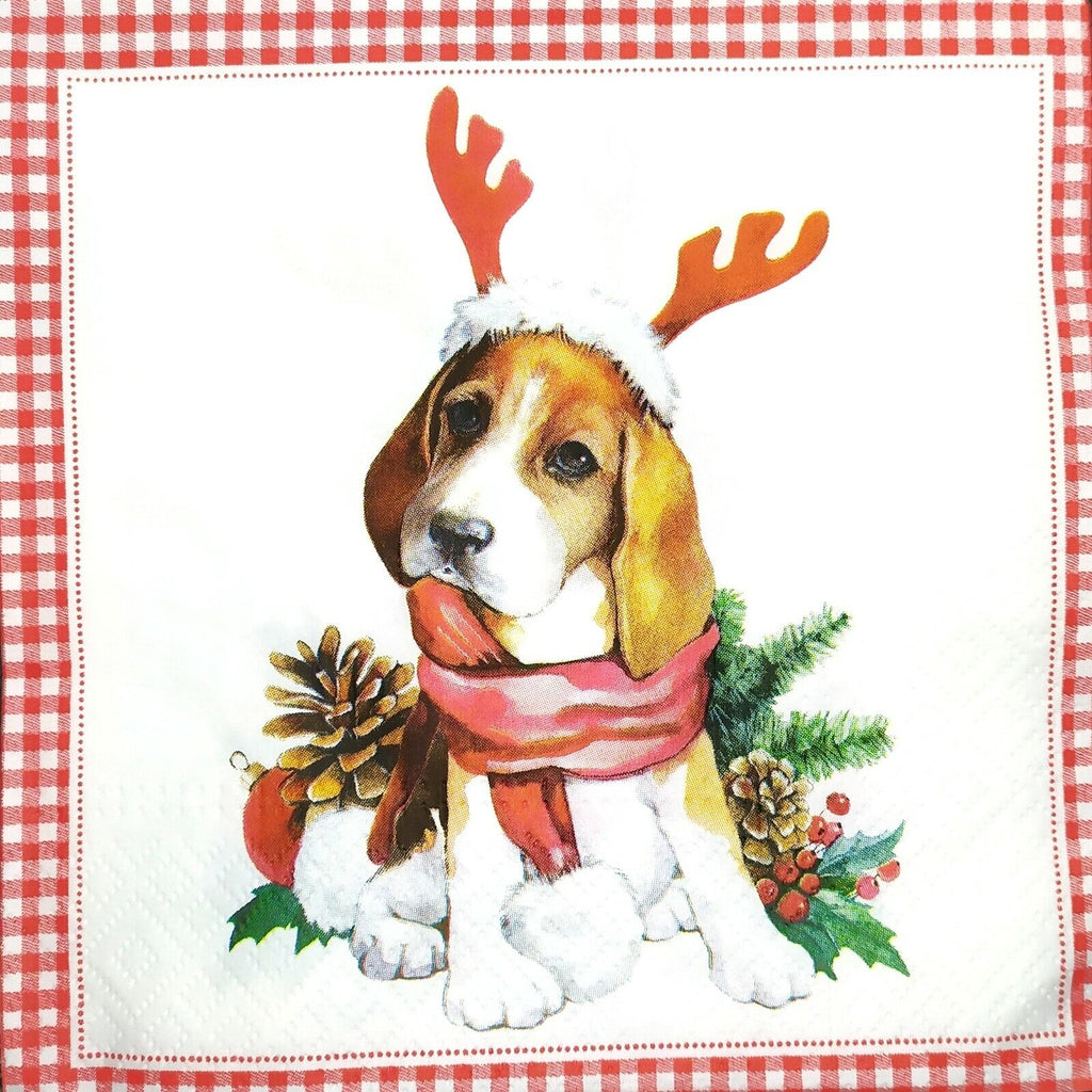white and brown beagle puppy wearing red antlers with red scarf next to holly, pine cone pine sprig on white with red checkered border  Decoupage Napkins 