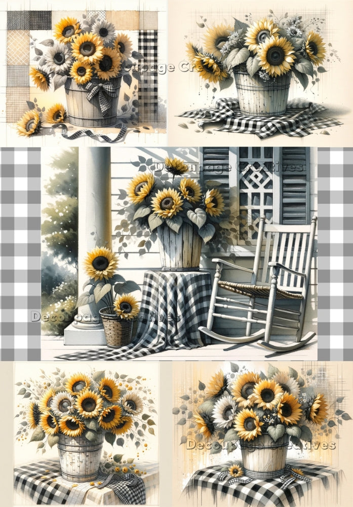 yellow sunflowers in pots on black and white checkered table cloth decoupage paper by Decoupage Creatives
