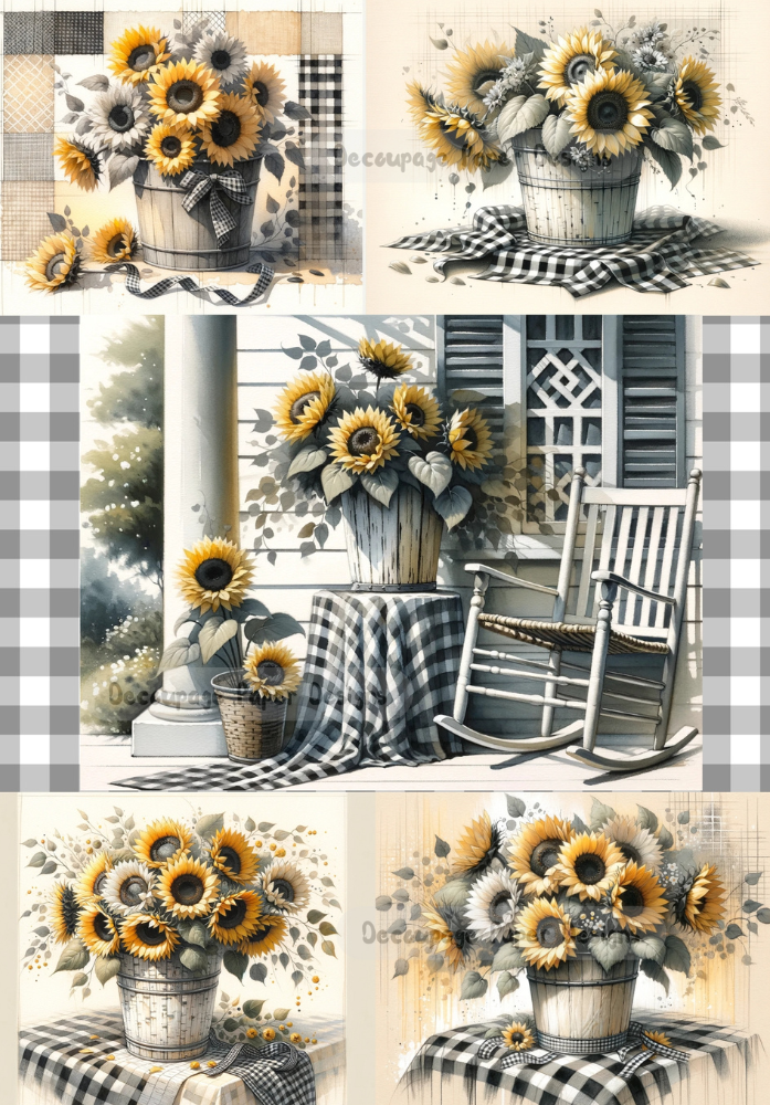 yellow sunflowers in pots on black and white checkered table cloth decoupage paper by Decoupage Paper Designs