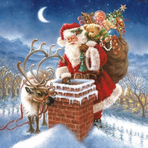 Santa on a roof top with brown bag of toys and a  reindeer on a snowy  night  Decoupage Napkins
