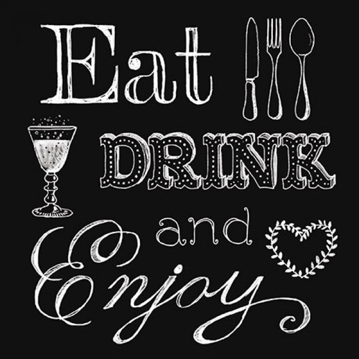 White words of Eat drink and Enjoy with champagne Glass, silverware and heart on black  Decoupage Napkins 