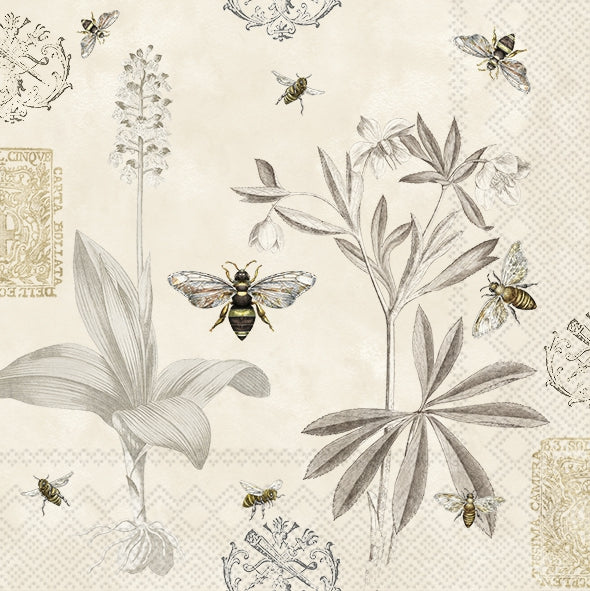 sketched bees with charcoal sketch plants on whtie linen  Decoupage Napkins