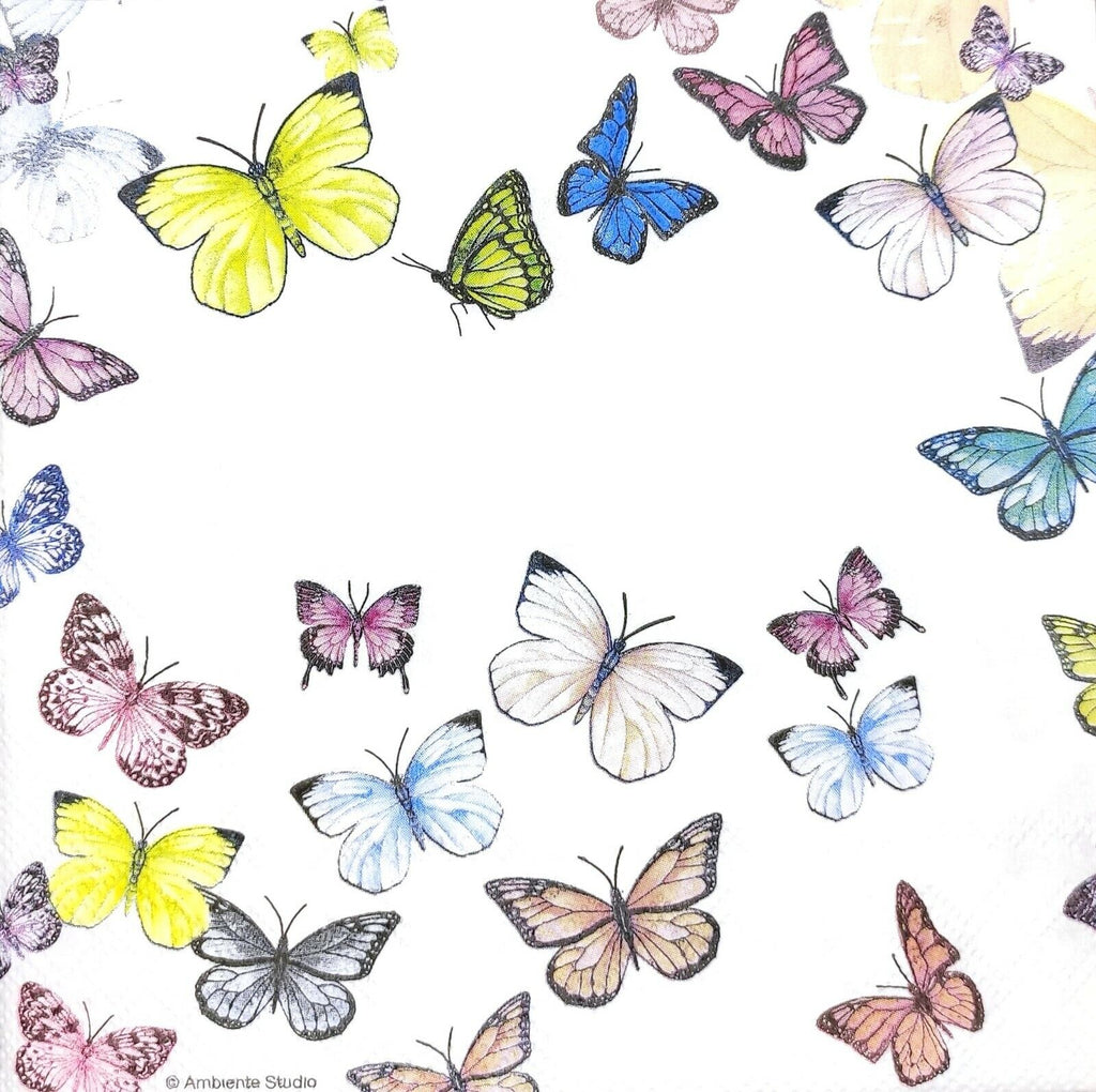colorful butterflies in yellow, blue pink and white  on white  Decoupage Napkins