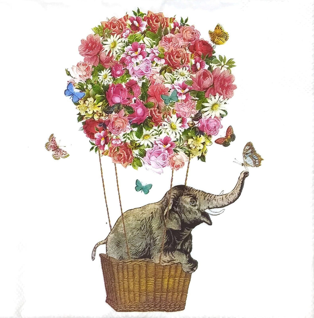 gray elephant in basket floating with floral balloon and butterflies on white  Decoupage Napkins