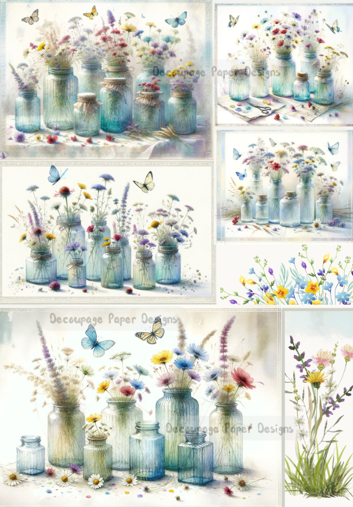 wild flowers in clear mason jars and colorful butterflies decoupage paper by Decoupage Paper Designs