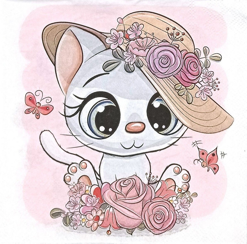 gray cartoon kitten with yellow hat with pink blossoms and pink butterflies Decoupage napkins