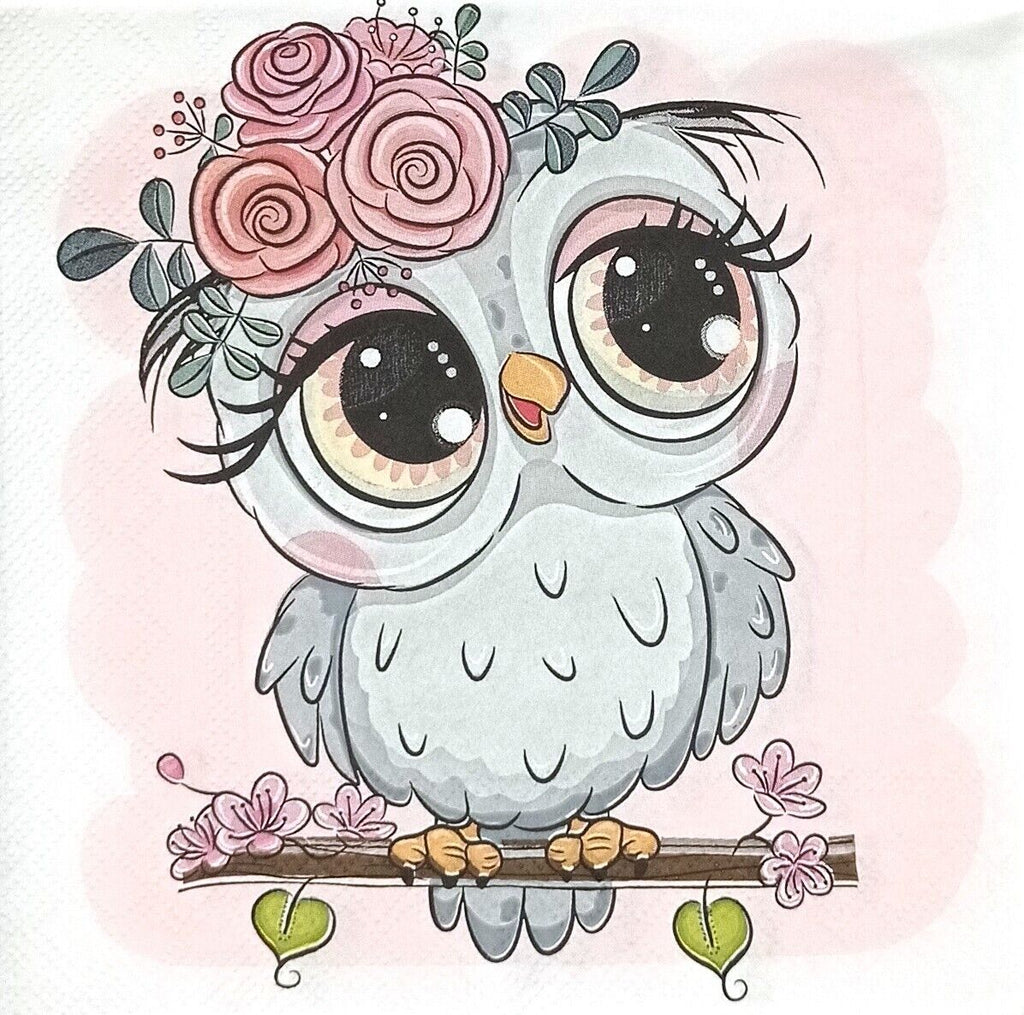 gray cartoon owl with pink blossoms on its head on branch Decoupage napkins