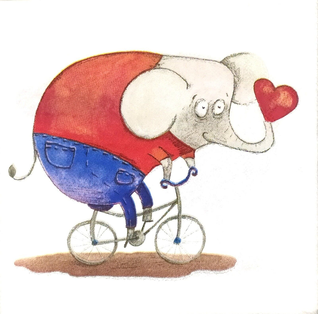 cartoon elephant in red shirt and blue pants on bicycle holding a red heart in it trunk Decoupage napkins