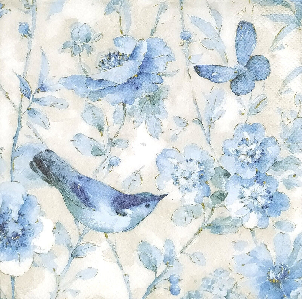 blue birds with blue blossoms and leaves on white Decoupage napkins
