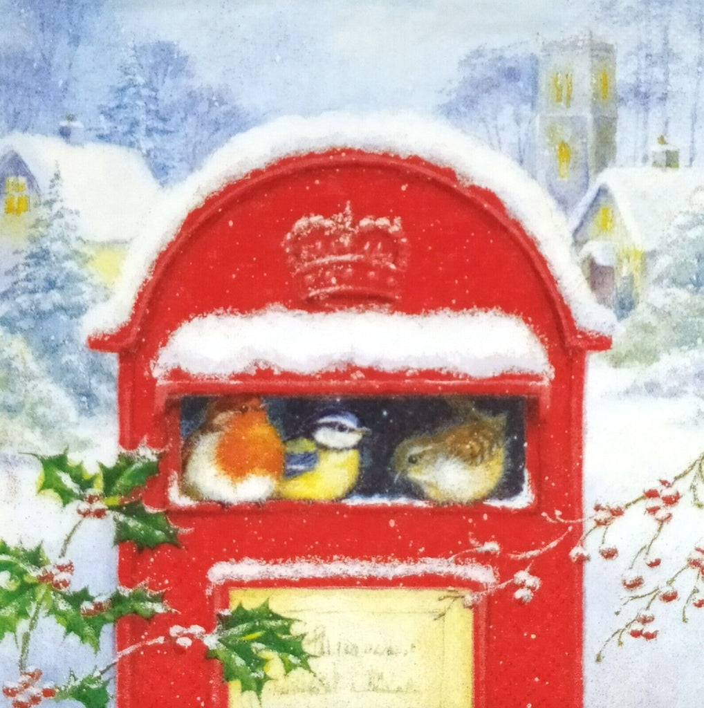 red postal box with red orange and brown birds sheltered in the slog covered with snow Decoupage napkins
