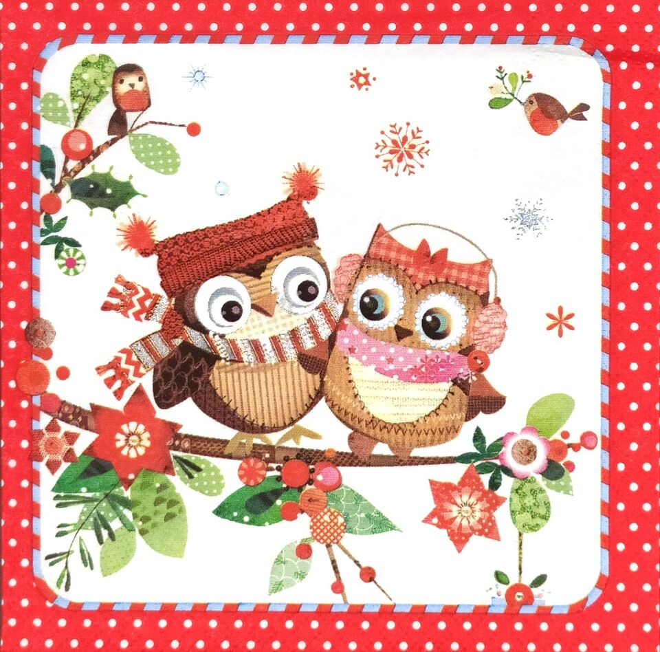 2 cartoon owls in brown and red yarn winter gear on wihit red and white dot boarder Decoupage napkins