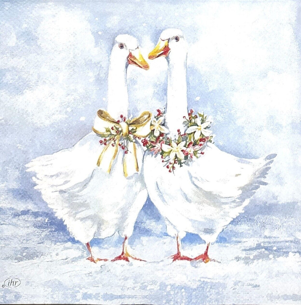 2 white geese with ribbon and wreath bowties on white snow Decoupage napkins